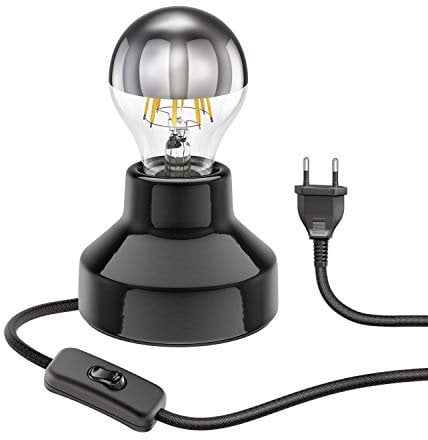 ledscom.de E27 Porzellan Tischlampe TIX, rund mit Stecker und Schalter, schwarz, 90mm inkl. E27 Lampe 667lm warmweiß