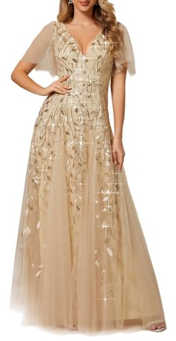 Ever-Pretty Women's V Neck Short Sleeve Elegant Floor Length A Line Long Tulle Evening Dresses 00736