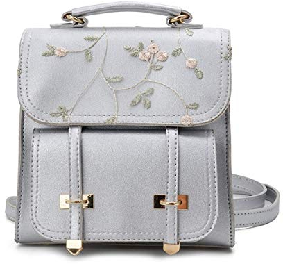 Asge Stickerei Schulrucksack Rucksack Damen Kleiner Backpack Teenage Girls Wasserdicht PU Daypacks Mädchen Teenager Schultasche Lederrucksack (Grau)