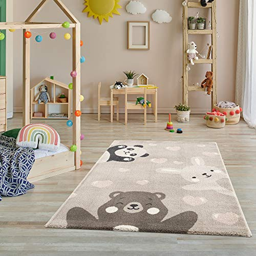 Jimri Teppich Kinderzimmer - Teppiche für Kinderzimmer, Kinderteppich, Kinderteppich Mädchen, Bär, Hase, Panda, Herz, (Beige, Größe: 80x150 cm)