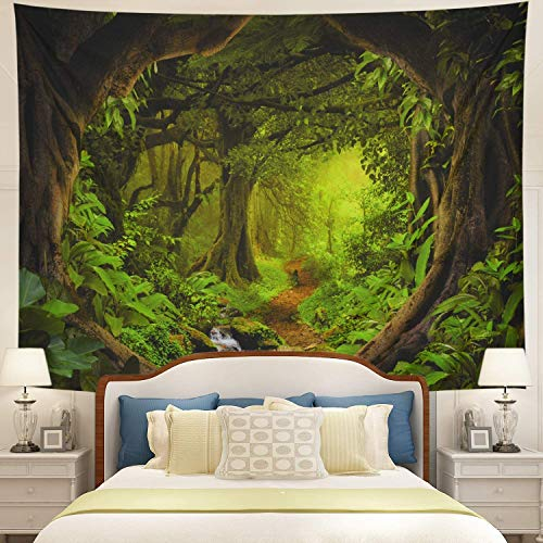Tushelia Wald Tapisserie Natur Baum Höhle Tapisserie Wandbehang Nebel Wald Wandteppich Bach durch Regenwald Wandteppich Landschaft Wandteppich Dschungel Creek Psychedelic Tapisserie für Wohnzimmer