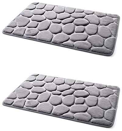 Lot de 2 tapis de bain antidérapants Motif galets Gris