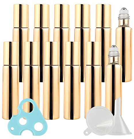 ZEOABSY 24 Pack Refillable 10ml Gold UV Coated Glass Roll-On Bottles with Stainless Steel Roller Balls for Cosmetic Makeup, Essential Oil Perfume Aromatherapy + 1 x Opener, 2 x Funnel