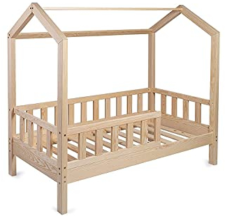 Kinderbett Bett Hausbett 70x140 mit Rausfallschutz Lattenrost Bettgestell aus Kiefer Holz für Haus Kinder Jungen & Mädchen - Holzbett Baby Kinderzimmer Junge Deko (Rausfallschutz: MIT)