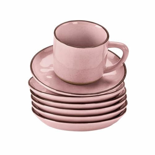 LOBERON Tasse mit Untertasse 6er Set Biarré, ursprünglicher, natürlicher Charakter, Geschirr mit mediterranen Charme, spülmaschinenfest, Tischaccessoires, Steinzeug, rosa