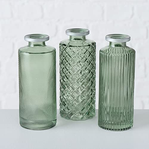 Blumen-Vasen (3 STK.) Väschen mit Boho Ornamenten 3 Verschiedene Musterungen Farbe grün & Silber Höhe 13cm Ø 5cm