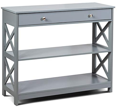 GIANTEX Konsolentisch schmal, Flurtisch mit Schublade & 2 Ablagen, Beistelltisch Eingangstisch schmaler Dielentisch, moderner Dekotisch Sideboard mit Kippschutz, 100x30x80 cm (Grau)