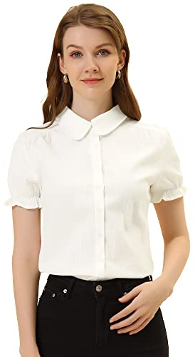 Allegra K Women's Peter Pan Collar Shirt 1950s Vintage Cotton Button Down Blouse Large White
