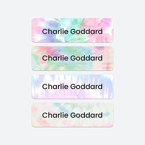 64 x No Iron Personalised Stick On Waterproof Washable Name Labels Great for Clothes, School Uniform, Equipment, Shoes. School, Nursery, Day Care, Hospital - Tie Dye