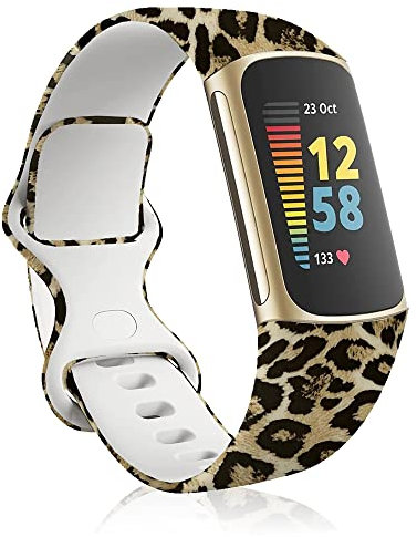 SeNool Armband Kompatibel mit Fitbit Charge 6/Fitbit Charge 5, [Premium Silikon Ersatzband] [Wasserdicht ] [Edelstahlschnalle], Uhrenarmband für Fitbit Charge 6/Charge 5 - Leopard