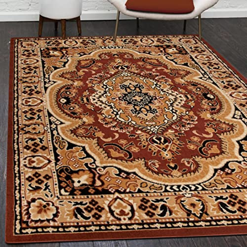 Mazovia Orientalisch Vintage Teppich - Kurzflor - Muster mit Medaillon - Traditioneller Teppich für Wohnzimmer, Esszimmer - ÖKO-TEX Wohnzimmerteppich - Braun 120 x 170 cm