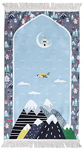 Windplusya Gebetsteppich für Kinder, 19.7x35.4 in Weicher Dicker Cartoon-Quasten Muslimischer Eid-Geschenk für Jungen/Mädchen.(Grey Mountains)