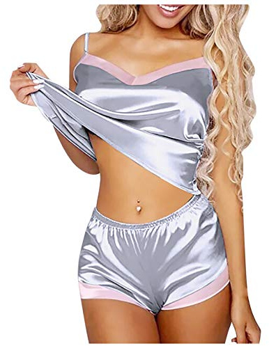 Eauptffy Damen Zweiteiliger Pyjama Set ?Top + Shorts? Dessous Sexy Unterwäsche Babydoll Nachtwäsche Kurz Schlafanzug Spitze Pyjama Armlos Shorty V-Ausschnitt Zweiteiliger Oberteil und Hose