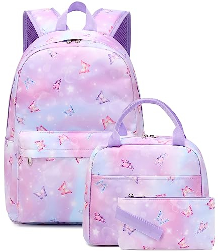 Dafelile Mochila Escolar Infantil para Niños y Niñas, Juego de Mochilas Escolares para Adolescentes, Mochila Escolar de Mariposa con Lonchera y Estuche para Lápices
