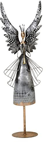 nostalgischer stimmungsvoller Deko Engel als Windlichtengel mit großen Flügeln und Flöte Silber schwarz Kupfer Vintage Optik