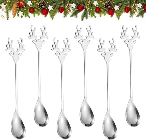Riisoyu 6 Stück Elch Rührlöffel, Elchlöffel Kreativer Weihnachtslöffel Weihnachts Rührlöffel Zucker Eislöffel Edelstahl Löffel für Tee, Kaffee, Suppe, Rühren, silberfarben