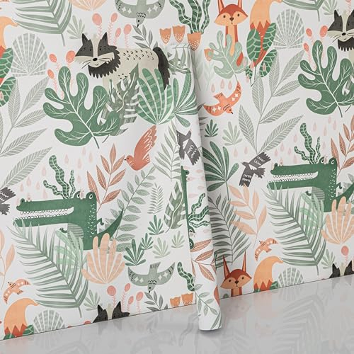 Hode Tapete Selbstklebend Grün Blumen 44x300cm, Möbelfolie Krokodil Füchse Muster, Klebefolie Pflanzen Laub Wasserdicht, Selbstklebende Folie für Möbel Küche Wohnzimmer Schlafzimmer