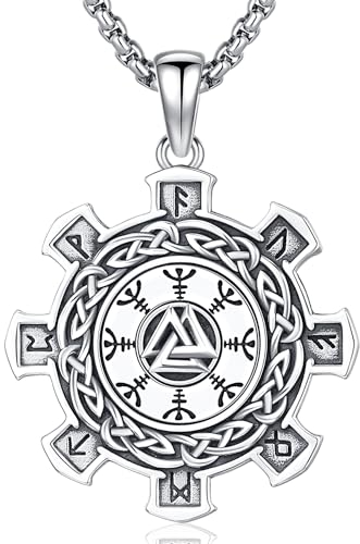 Kompass Anhänger für Herren Damen, 925 Sterling Silber Wikinger Kompass Vegvisir/Valknut Anhänger Kette, Viking Rune Halskette Amulett Schmuck