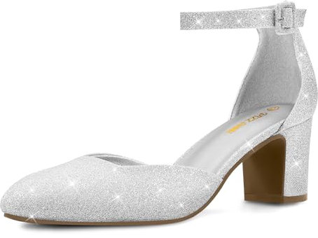 PIZZ ANNU Womens Court Shoes Block Heel Closed Toe Elegant Wedding Pumps for Bride Ankle Strap Ladies Mary Jane Sandals Silver Size 4