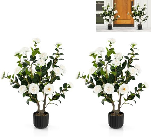 TANGZON 3FT/95CM Artificial Camellia Tree, 1/2 Pack Faux Blooming Floral Plant with 24 Flowers, 186 Green Leaves & Pebble Pot, Indoor Outdoor Decorative Fake Potted Camellia Plant (White, 2 Packs)