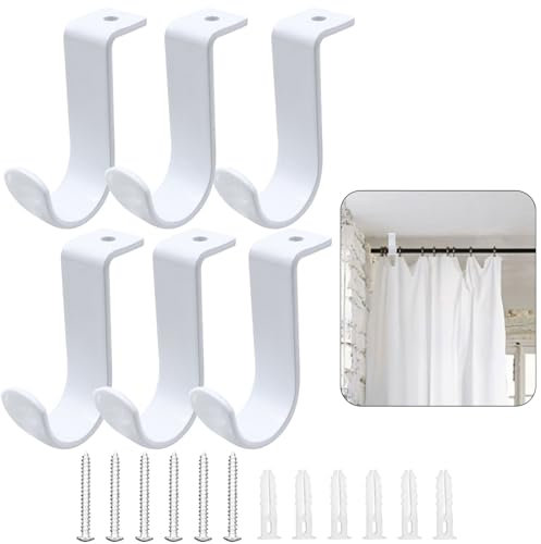 Shonmogar Deckenvorhangstangenhalterungen, 6 Stück, Metallhalter mit Schrauben, Deckenhalterung für 2,5 cm Stange, stabile Haken für Schlafzimmer, Wohnzimmer, Büro, Weiß