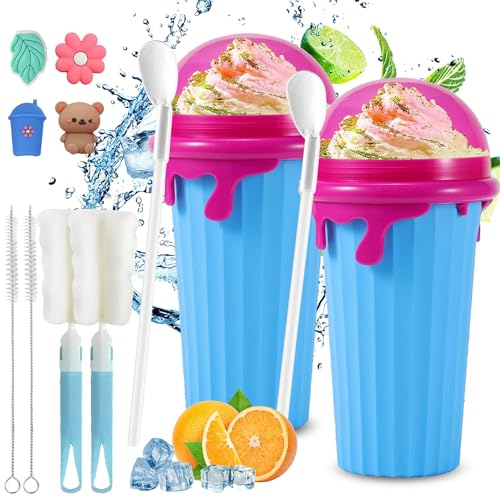 Lot de 2 gobelets à slush - 500 ml - En silicone - Pour slushy maker - Pour l'été, les smoothies - Avec cuillère à paille