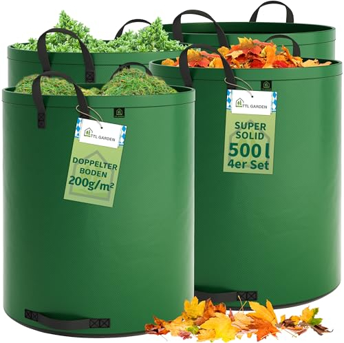 TTL Garden 4x 500L SUPER SOLID Gartensack grün - DOPPELTER BODEN 2x200 gsm extra stabil & reißfest selbststehend 4 Griffe groß robust 4er Set Laubsack Abfallsack für Gras Laub Hecke Gartenabfall