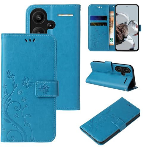 LBH Handy Hülle für Xiaomi Redmi Note 13 Pro+ 5G Case Handytasche Schmetterling Blumen Flower Standfunktion Schutzhülle Magnet Rundum Schutz 360 Grad Flipcase Cover Blau
