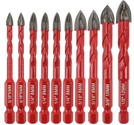 FOCSTOL Juego Brocas Seco - 10 piezas Juego Brocas Carburo con Cambio Rápido Mango Hexagonal para Madera Plástico Albañilería Cerámica Hormigón Mármol (5mm*2+6mm*4+8mm*2+10mm+12mm)