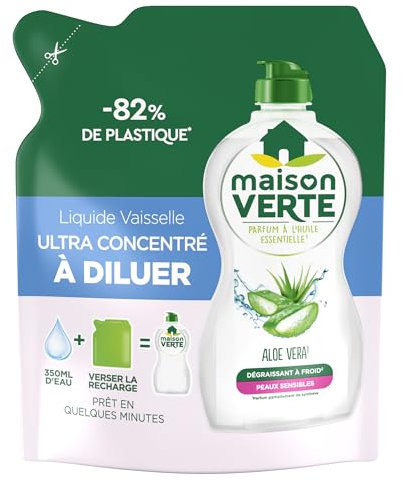 Maison Verte - Liquide Vaisselle - L'Ultra Concentré à Diluer - Aloe Vera & Huiles Essentielles - Dégraissant à Froid - Adapté aux Peaux Sensibles - Prêt en quelques minutes - 150ml
