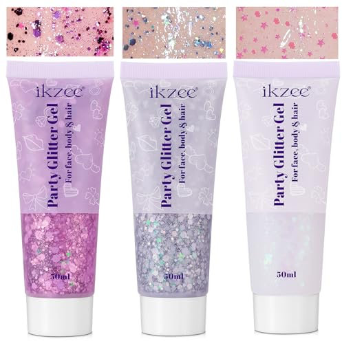 Body Glitter Gel 3PCS, 50ml Mermaid Silver Pink Face Hair Glitter Gel Sequins Shimmer Liquid Eyeshadow, Liquid Holographic Glitter Gel, Chunky Glitter for Music Festival, Parties, Performances, Stages