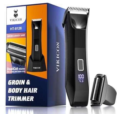 VIKICON Intimrasierer Mann, 2 in 1 Bodygroom Elektrisch Sanft ohne Ziepen | Keramikklinge & 3D-Folienkopf, Körperrasierer IPX7 Wasserdicht, LED-Licht, USB-C Schnellladung, Intimbereich & Brust, Schwarz