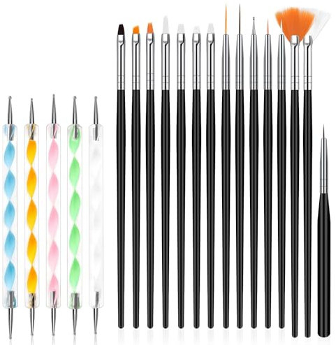 URAQT 20Pcs Nail Art Design Pinceaux, Ensemble de Pinceaux à Ongles Nail Art, Pinceau Nail Art pour Gel UV et Acrylique, Dessin Stylo Ensemble Outil À Ongles, Noir