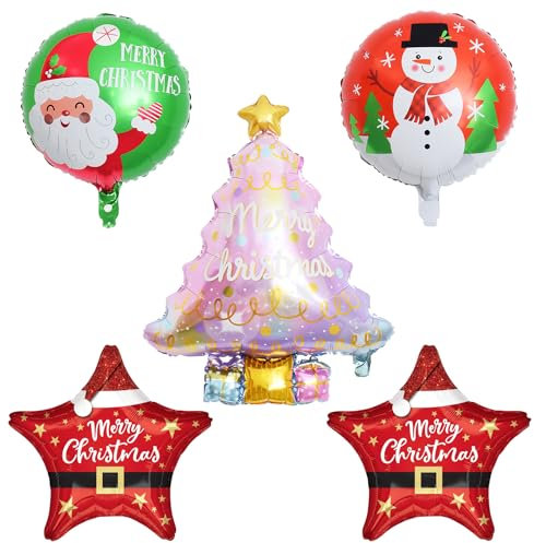 KOBOKO Weihnachtsdeko Luftballons Set, 5 Stück Weihnachtsbaumballons, Weihnachten Deko Weihnachtsballon Runde, Weihnachtsmann Ballon, folienballons Weihnachtsbaum für Weihnachtsdeko Kinder Party Deko