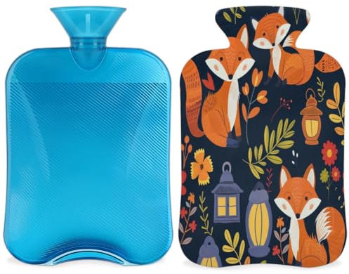 Cute Fox Flowers Hot Water Bottle with Cover, Ethnic Fox Hot Water Bottle with Cover, 2L Hot Water Bag for Pain Relief, Neck and Shoulder, Hand Feet Warmer