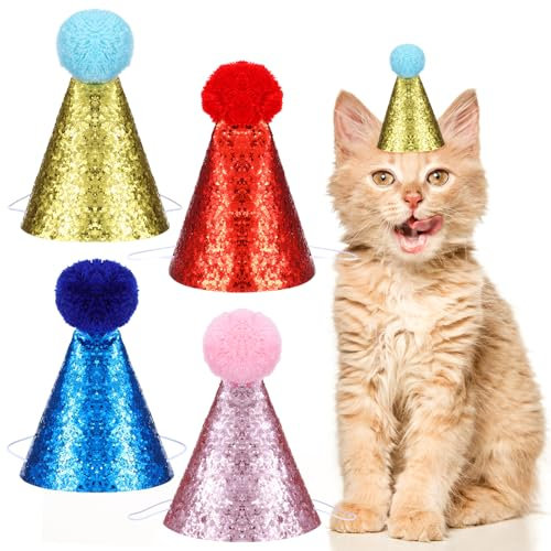 4 Stück Hund Geburtstag Hut Katzen Geburtstags Mütze Niedliche Welpen Partyhut Mit Pompons Mehrfarbige Party Dekorationen Hüte Verstellbare Kopfbedeckung für Welpen Katzen Kostüme Zubehör