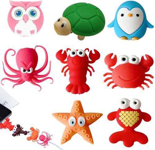 SIRLOMU 8-piezas Set Protector de Cable USB, Animales Marinos Adorables en Plástico, Accesorios para Teléfono