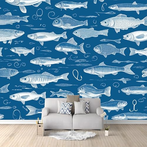 Handgezeichneter Fisch Fototapete Vlies Tapete 200x140 cm Blau 3D Effekt Wandbild Vlies Wandtapete Moderne Wohnzimmer Mural Schlafzimmer Kinderzimmer TV Hintergrund