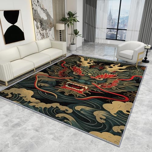 Asiatischer Drachen-Ozeanwellen-Teppich, groß, waschbar, japanischer Fantasy-Teppich für Wohnzimmer, rutschfest, orientalischer Teppich, Heimdekoration, chinesischer Drache, Geschenke, 120 x 120 cm