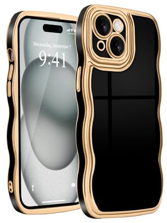 Teageo Hülle für iPhone 13, Eleganz Golden Rand Galvanisierte Wellenform Handyhülle Anti-Drop Stoßfest Kameraschutz Phone Case für iPhone 13, Schwarz