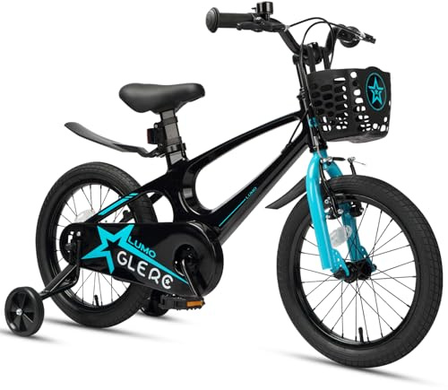 Glerc Lumo 14 Zoll Kinderfahrrad für Jungen 3 4 5Jahre, Leichtbau-Rahmen aus Magnesiumlegierung Verstellbarer Lenker & V-Brake Bremsen & Stützräder & Korb, Schwarz-Blau