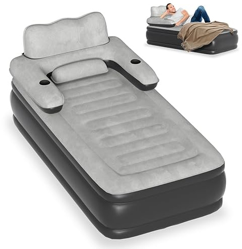 Aufun Flocked Luftbett Luftmatratze Selbstaufblasend Einzelbett mit Integrierter Elektrischer Pumpe und integriertem Kopfteil, Premium Gästebett Aufblasbare Matratze für Camping oder Heimgebrauch