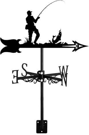 Wetterfahne mit Fischer- und Fischkunst-Ornament, Wetterfahne aus Edelstahl, langlebige Messwerkzeuge, Windrichtungsanzeiger for Garten, Terrasse, Hofdekoration, einfache Verwendung, Angler(Angler)