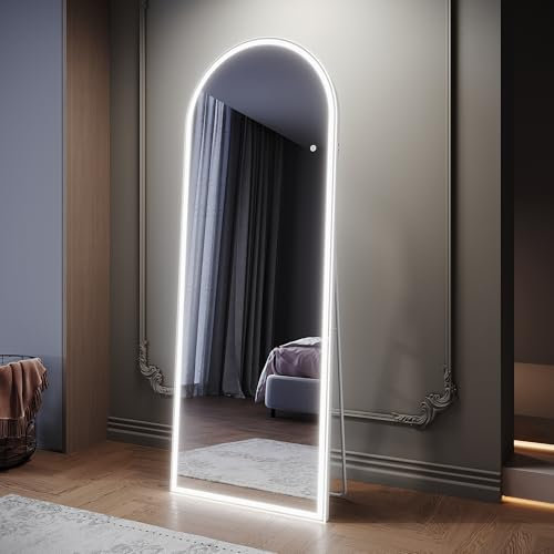 SIRHONA Miroir sur Pied LED 160x60cm, Miroir Pleine Longueur avec 3 Couleurs, Voûté Dimmable, Mémoire, Port USB, Montage Accrocher ou Placer, Antichute