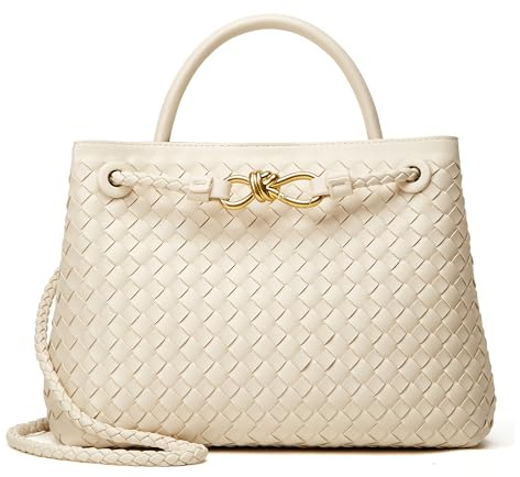 Gewebte Tragetasche für Damen: veganes Leder Schulterhandtaschen – modische Sommer-Strand-Tragetaschen – große Reisetaschen, A2 Medium Off-White, Medium