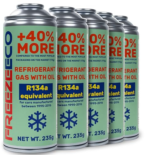 FREEZECO 2in1-5 Dosen R134a Ersatzkältemittel mit Klimaanlagenfüllöl für PKW 1995-2016, 235g
