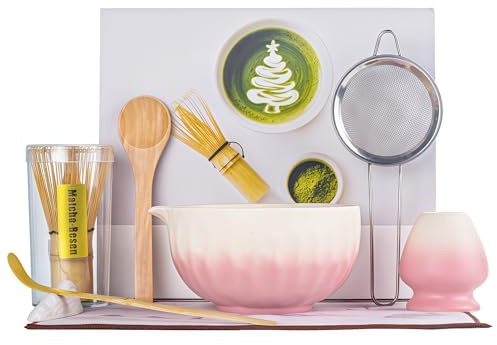 ZEWETO 8 PCS Matcha Set with Spouted Bowl, Japanese Matcha Whisk Set Includes Bamboo Chasen Whisk, 510ml Ceramic Bowl, Whisk Holder, Scoop, Strainer, Scoop Holder & Tea Cloth, Matte Finish