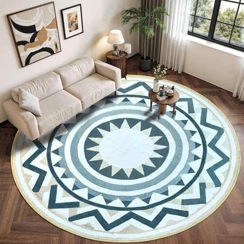 Zhaotingrui Rund Teppiche Wohnzimmer 100cm, Boho Muster Flauschiger Bettvorleger, Weich rutschfest Teppich Kuschelig für Wohnzimmer, Schlafzimmer, Kamin, Beige & Grauer