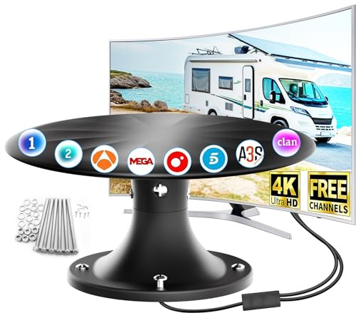 Antena TV para Autocaravana HD 4K – Antena TDT con Recepción 360°, Cable Coaxial de 10 m, Fácil Instalación, Compatible con Smart TV, Ideal para Caravanas, Camper y Camiones