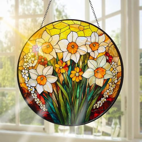 Pavemlo Narzisse Buntglas Sonnenfänger Fensterschmuck hängend Blumen – Handgefertigter Sonnenfänger als Dekoration für Garten, Fenster, Innen- und Außenbereich, Weihnachten Party, 20 x 20 cm